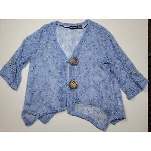 Nina Leonard Blue Open Knit Shrug Sheer Big Button Cardigan Women's Large